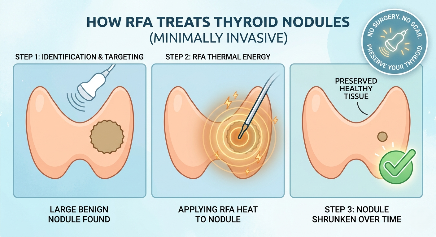 A 3-step diagram explaining the non-surgical RFA process for thyroid nodules. Step 1 shows an ultrasound identifying a large benign nodule. Step 2 shows a thermal energy probe applying heat to the nodule. Step 3 shows the shrunken nodule and preserved healthy thyroid tissue with a green checkmark.